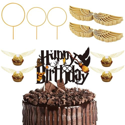 54 Stück Glitter Magier Happy Birthday Tortendeko,Wizard Cupcake Topper Deko,Golden Snitch Wings Schokolade Cake Topper Geburtstag,Kindergeburtstag Party Deko Kuchen Deko,Magic Theme Party Supplies