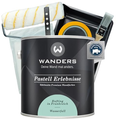 Wanders Pastell Erlebnisse Wandfarbe 2,5L (Wasserfall, Grün) inkl. Streichset Basic – Premium Kreidefarbe, Leichte Anwendung, Hochdeckend, Ultramatt, Perfekt für Heim-DIY