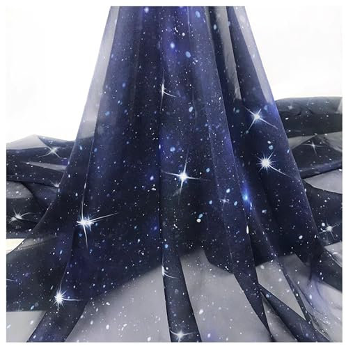 SSWZHANG Chiffon Stoff Sternenhimmel Drucken Tencel Tüllstoff Dekostoff 150cm Breit für Kleidung Dekorieren Basteln Bekleidung(Size:1.5x1m,Color:Blau)