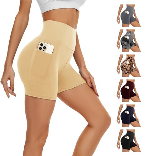 AMIYOYO Kurze Sporthose Damen mit Handytasche High Waist Radlerhose Blickdicht Sport Shorts Kurze Leggings Bauchweg Unterhosen Yoga Gym für Sommer(Hautfarbe,XXL=DE50-54)