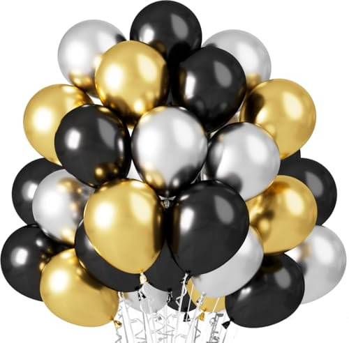 60 Stück Luftballons Schwarze Gold, Helium Luftballon Schwarze Gold Silber, Metallic Gold Silber Latex Ballons, 12 Zoll Schwarze Partyballon Deko fur Geburtstag Graduierung Hochzeit Verlobung Neujahr