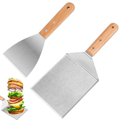 Set di spatole per barbecue, in acciaio inox, con manico in legno, set di attrezzi per barbecue, hamburger, spatola per plancha, spatola per barbecue, bistecca, pizza teppanyaki