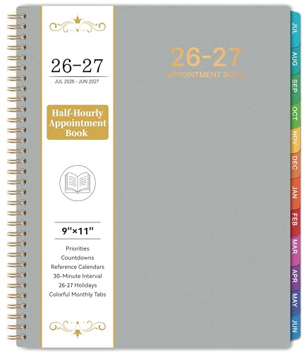 2027 Appointment Book/Planner - Weekly & Monthly Planner, 9 x 11, Large, Jan. 2027 - Dec.2027, 30-Minute Interval, Daily Hourly Planner, Colorful Monthly Tabs, Inner Pocket, Grey