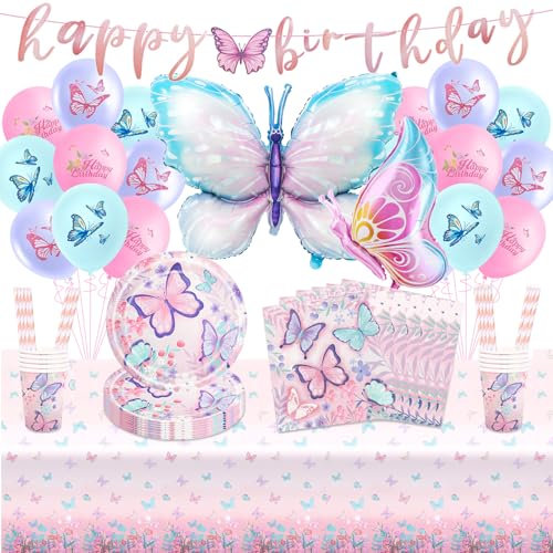 Schmetterling Geburtstag Deko Kindergeburtstag Geschirr Mädchen-102Pcs Schmetterlinge Partygeschirr Set mit Luftballon Balloon Geburtstagsdeko Girlande Pappteller Tortendeko Party Deko für 20 Gäste