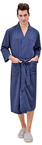 Bathrobe Men's Lightweight Thin Cotton Dressing Gown Men's Fluffy Modern Waffle Pique Sauna Gown Unisex Nightdress with Belt Lightweight Leisure House Coat Loungewear Sleepwear Travel Bathrobe, navy,