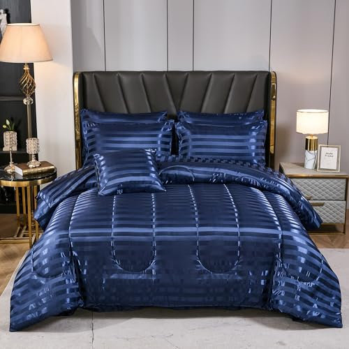 Merryword Satin-Bettwäsche in einer Tasche, gestreift, 8-teilig, volle Größe, luxuriöses, seidiges Bettwäsche-Set, weich, leicht, kühlendes Bett in einer Tasche