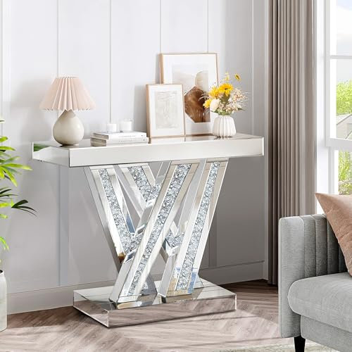 GA Home Table console d'entrée moderne avec incrustation de diamant écrasé, table de couloir en verre miroir argenté de 88,9 cm pour entrée, table de canapé décorative glamour pour salon