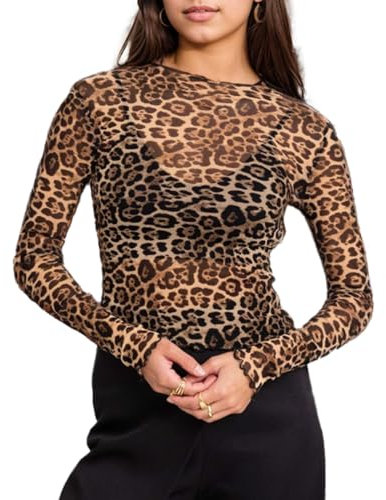 EMOTTOS Camiseta de Rejilla con Leopardo Impresión, Y2K Crop Top Sexy con Animal Print Camisa, Damas Slim Fit Transparentes Top de Malla Going out Clubbing Party, Negro, L