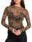 EMOTTOS Camiseta de Rejilla con Leopardo Impresión, Y2K Crop Top Sexy con Animal Print Camisa, Damas Slim Fit Transparentes Top de Malla Going out Clubbing Party, Negro, L