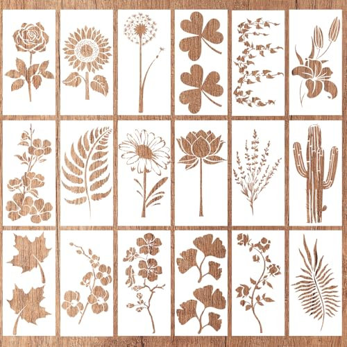 Gosknor 18uds Planchas para Pintura, Plantillas de Pared para Manualidades Plantillas Artísticas Reutilizables para Madera Pared Puerta Lienzo Decoración del Hogar Fabricación de Tarjetas (Flores)