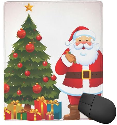 Tapis de souris carré avec base en caoutchouc antidérapant 17,8 x 22,9 cm avec bords cousus Père Noël, arbre de Noël, tapis de souris de jeu pour souris sans fil, ordinateur, ordinateur portable