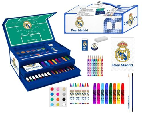Set de Papelería Coloreable Real Madrid – Estuche Escolar Completo para Niños con Rotuladores- Lápices de Colores y Accesorios Oficiales del Club