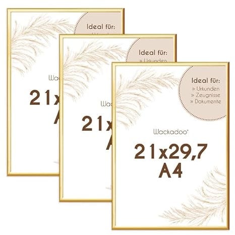 Wackadoo Bilderrahmen A4 21x29.7 (DIN A4) Gold 3er Set Fotowand Fotorahmen aus leichtem Kunststoff mit Glas Picture frame Poster