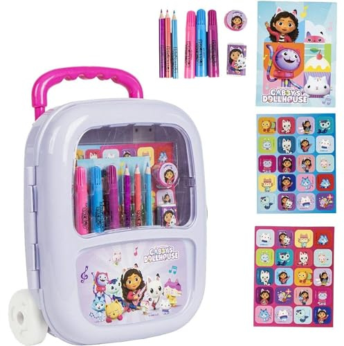 Valise à roulettes Gabby's Dollhouse avec feutres, crayons et autocollants - Coffret créatif pour enfants avec roulettes pour filles et fans de Gabby's Dollhouse