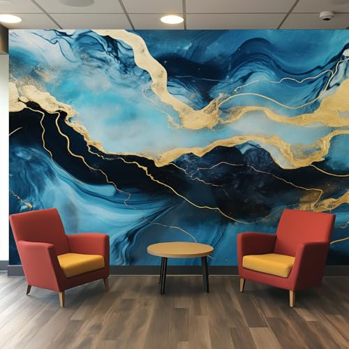 Blue Marble Wallpaper for Living Room, Modern Golden Texture Wall Mural for Bedroom 450x315 cm, Non-Woven Photo Wallpaper, Home Decor D&O26