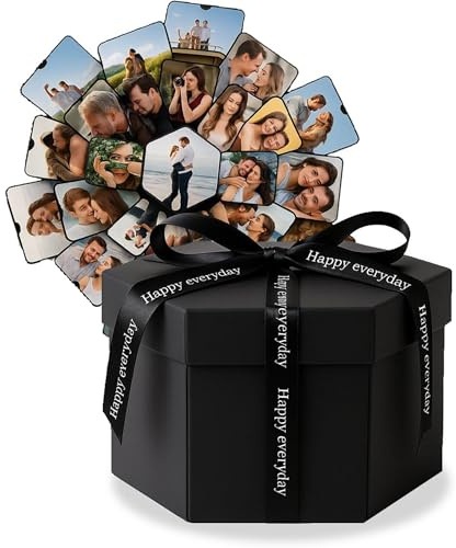 Innovaland Explosion Box – Kreative Fotoalbum-Geschenkbox für Familie, Freunde – Erinnerungsbox mit Verstecktem Mittelteil – Sechseckige Schwarze Überraschungsbox – Nachfüllbares Scrapbook für Anlässe