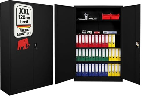 PROREGAL Flügeltürenschrank Elephant Metall Aktenschrank komplett montiert abschließbar 2 Türen 180x120x40cm Stahl 4 Ebenen Stahlschrank Pulverbeschichtung Schwarz Werkstattschrank Mehrzweckschrank