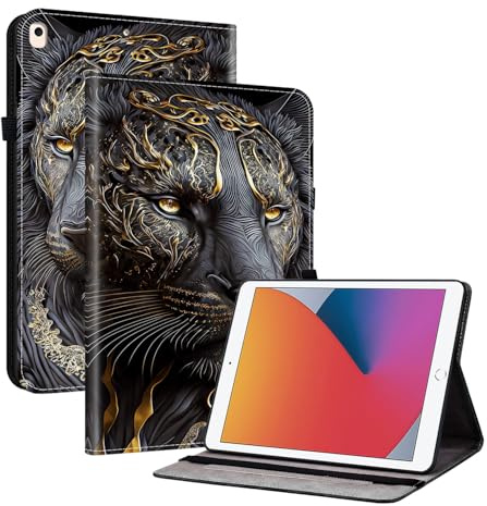 Hülle für iPad 10,2 Zoll, 9./8./7. Generation (2021/2020/2019), Falt Klapp Schutzhülle Dünne Leichte Stand und Kartensteckplatz Tablet Auto Schlaf/Wach Case Cover, Goldlöwe