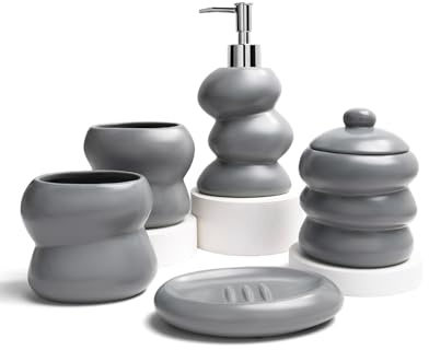 ANTIS'S HOME Keramik Badezimmer Set 5-teilig – Unregelmäßige Form, minimalistisches Bad-Accessoires Set mit Seifenspender, Zahnputzbecher, Seifenschale & Wattestäbchenbehälter in Grau