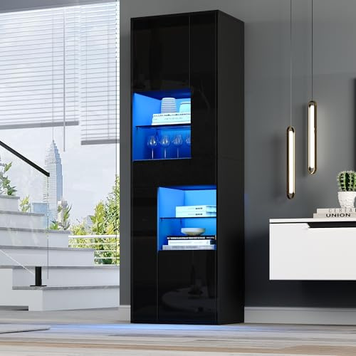 A ALFRESCOOL 55 * 38 * 170 cm Vitrinenschrank, Wohnzimmer Schrank mit 1 Schublade und 4 Schränken, Glasvitrine mit LED-Beleuchtung, Vitrine Mit Hochglanz-Design für Wohnzimmer/Schlafzimmer(Schwarz)