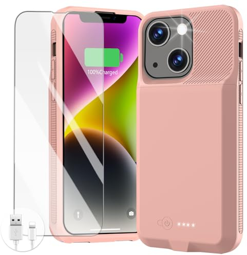 GIN FOXI Battery Case for iPhone 13/13 Pro/14/14 Pro, Ultra-Slim Charging Case Real 7000mAh Rechargeable Anti-Fall Protection Extended Juice Box for iPhone 14/14 Pro/13/13Pro(6.1 inch) Pink