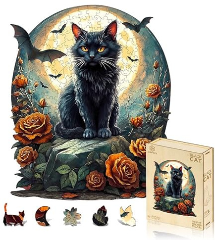 Jigfoxy Wooden Puzzles for Adults, 271-Piece Black Cat Jigsaw Puzzle | Unique Animal-Shaped Jigsaw Puzzle, Relaxing Brain Teaser Game, Creative Gift in Premium Box,13.4 * 11.4in
