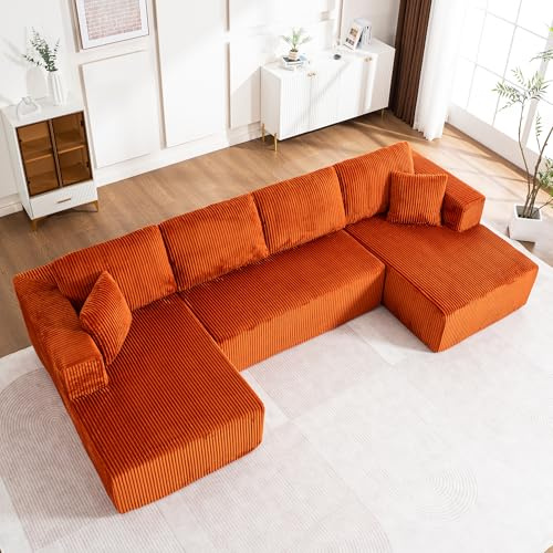 Bladez 303 cm Groß Modulares U-förmiges Ecksofa mit Schlaffunktion,3‑Sitzer aus Cord mit Extra Tiefer Sitz, Modernes Boneless Schlafcouch,mit 6 Kissen ohne Montage, Für Wohnzimmer(Orange-4-Sitzer-U)