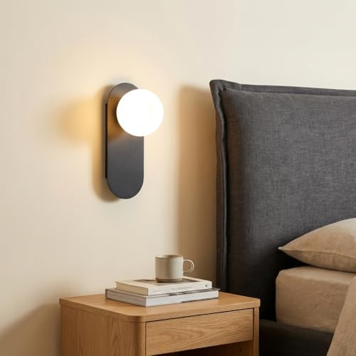 BARCELONA LED Aplique de Parede Brian E27 com Bola de Vidro Opalino, Luminária de Parede de Estilo Nórdico e Design Minimalista, Base de Alumínio em Preto Iluminação Decorativa Interior IP20