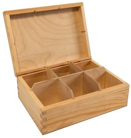 GoodFreshDecor Holzkiste mit Deckel - Teebox mit 6 Fächern 22 x 16 x 8 cm - Teekiste zur Aufbewahrung - Organizer aus Holz für Teebeutel und Schmuck - Natur