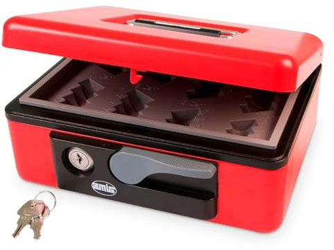 Amig - Stahl Geldkassette | Sicherer Geldbehälter mit Münzschale | Automatikgriff | Vielseitig für Zuhause & Büro | Rot, 165x125x80mm