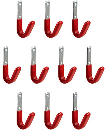Wandhaken Gummiert rot Montage-Haken Garage zum Schrauben 35 x 82 mm | Universal-Haken Stahl verzinkt | Metall-Haken gebogen | Ordnungshaken Keller - Werkstatt | 10 Stück - Gerätehaken Wand-Montage