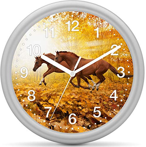 Eurotime Quarzwanduhr, 25 cm, Kunststoffgehäuse Silber, Kunststoffglas, klares 12-Zahlen Zifferblatt mit Pferdemotiv, geräuscharmes Uhrwerk, kein Ticken, Wanduhr für Kinderzimmer, 82223-07