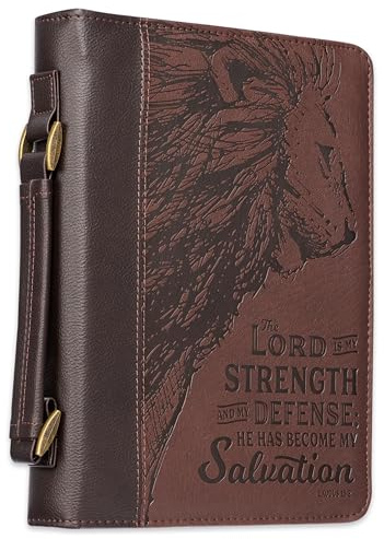 Christian Art Gifts Lord is My Strength with Lion Exodus 15:2 Kunstleder-Klappetui für Bibel, Braun, Größe M