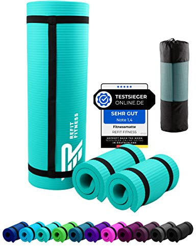 Fitnessmatte Sportmatte 190 x 60 x 1,5 cm + 2 Stück Yoga Pads 25 x 61 x 1,5 cm Türkis Turquoise Fitness Pad Kniekissen Gymnastik Yogapad Kniepad extra dick Tragegurt Yogamatte Gymnastikmatte Turnmatte