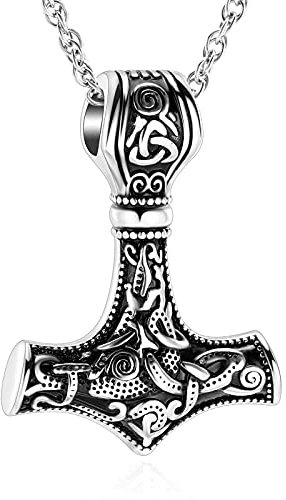 shajwo Mjolnir Thors Hammer Urnen-Halskette für Asche für Männer, keltischer nordischer Wikinger-Einäscherungsschmuck für Frauen, Andenken, Gedenkstätte, Asche-Anhänger, Metall, Edelstahl