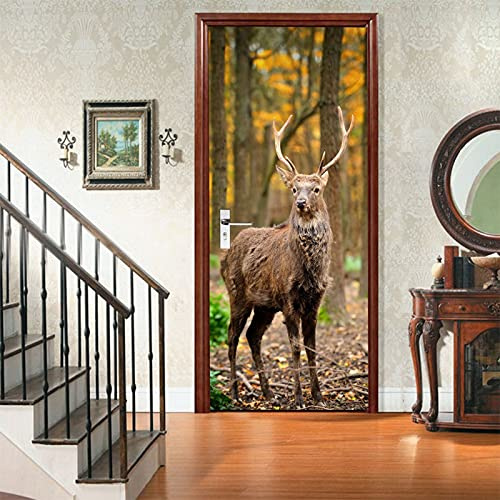 A.Monamour Türtapete Selbstklebend Türfolie Türposter 3D Ein Reh Im Herbstlichen Wald Tier Thema Vinyl Folie Türdeko Tapete Wandbild Türaufkleber Türtattoo 77 x 200 cm