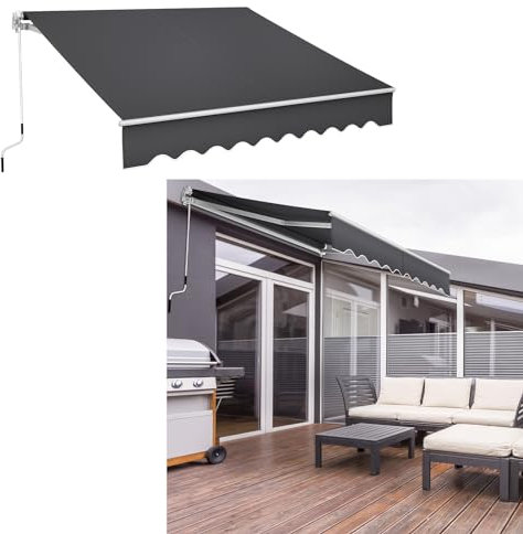 YUENFONG Toldo de aluminio de 2,5 x 2 m, con brazo articulado, toldo para balcón con manivela, resistente al agua y a los rayos UV para jardín, terraza exterior (200 x 250 cm, color gris oscuro)