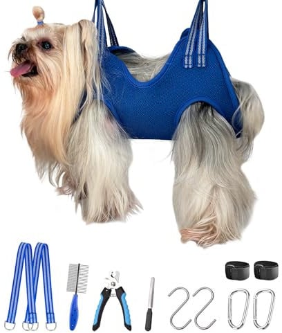 Kkiimatt 10 in 1 Pet Grooming Hammock Harness with Nail Clippers/Trimmer, Cat&Dog Nail Clipper Hammock, Cat&Dog Grooming Sling for Small Animals Nail Trimming/Clipping (XXS/Under 10lb Blue)