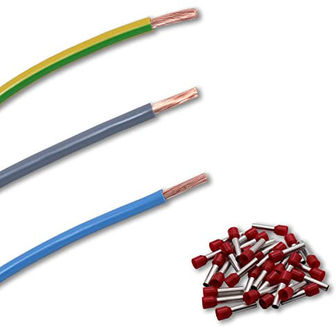 EBROM Verdrahtungssatz, Zählerschrank Verteilung, Aderleitung flexibel H07V-K 10 mm² (10 mm2) Farben: blau - grau - grün/gelb inkl. 20 x Aderendhülsen 18 mm ROT – Ihre Auswahl: 3 x 1 Meter SET