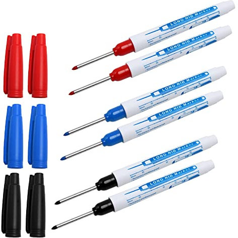 Pilikoll 6 Pcs 30mm Long Head Deep Hole Marker Carpenters Pen Fine Tip Permanent Marker Pens Deep Hole Marker Pens Marking Tool for Permanent Marking of Hard To Reach Areas (Black Blue Red)