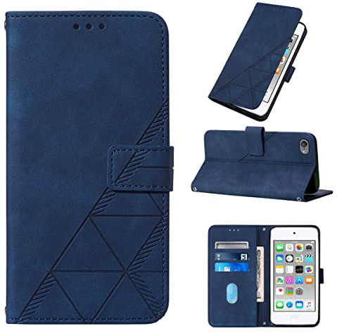 LMFULM® Hülle für iPod Touch 5/6 / 7 (4,0 Zoll) PU Leder Magnet Brieftasche Lederhülle Dreieck Drucken Flip Cover Ledertasche Stent-Funktion Case Blau