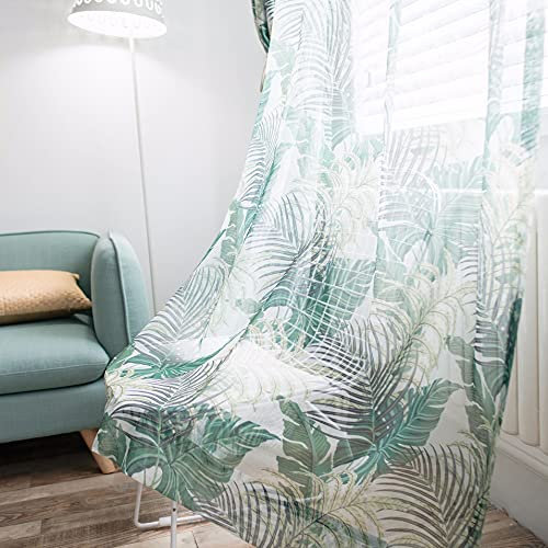 Lsimeru Palmenblätter Vorhänge Transparent Kräuselband 2er Pack 175x140 Wohnzimmer Grün Pflanzen Modern Landhausstil Gardine Vorhang Durchsichtig Dekoschal
