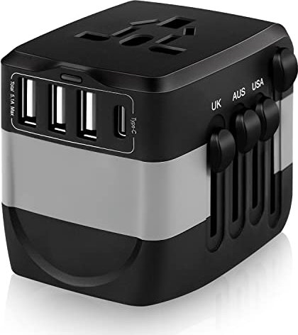 Reiseadapter Weltweit Universal Reisestecker Power Adapter mit 4 USB+1 Universal AC Outlet+1 Ersatzsicherung für USA EU UK AUS für mehr als 150 Länder (Typ C/G/I/A)