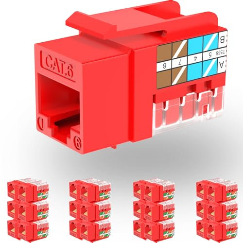 Rapink Cat6 10G Support Keystone Jacks, 25 Pack, Red, 0.7 Inch, RJ45, Male-to-Female, Cat6 Ethernet Keystone Jacks, Data Center, Home Network, Server, Laptop, Television, Router