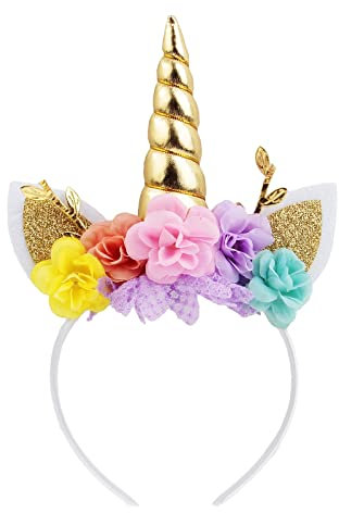 Nishine Cerchietto per capelli con corno di unicorno, con orecchie glitterate, tiara per ragazze, feste, compleanni, cosplay (oro e rosa)