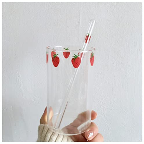 KEYVOR Tazza di Vetro 300 ml 10oz Alto borosilicato Nana Carino Fragola Acqua di Fragola Bere Bicchieri Tazza con Paglia Tazza di Vetro Grande (Size : 300ml with Straw)