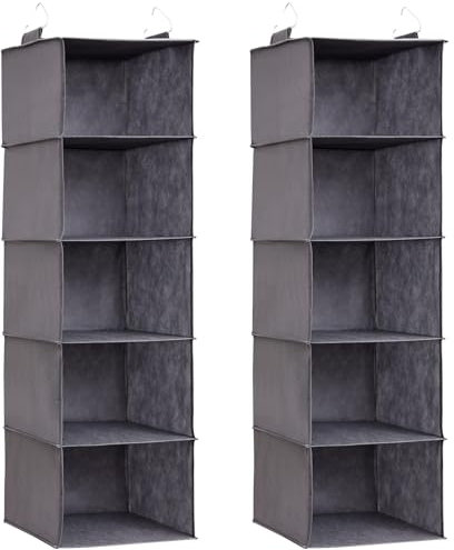 Lifewit Juego de 2 Organizador Armario Colgante con 5 Estantes y 2 Ganchos Fuertes, Estantes de Almacenamiento para Armario, Organizador Plegable, Almacenamiento de Ropa, Gris