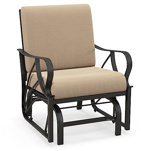 COSTWAY Garden Glider Chair, Metal Frame Single Swing Rocking Chair with Thick Cushion, Outdoor Indoor Gliding Armchair Rocker Seat for Living Room, Poolside, Porch and Patio, Brown