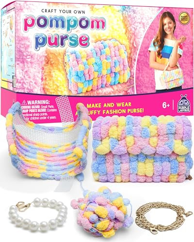 PURPLE LADYBUG Pompon-Tasche Bastelset - Geschenk für Kinder ab 6 Jahren, Coole Geschenkidee für Mädchen von 7-13 Jahren, Geschenke und Bastelset für Mädchen