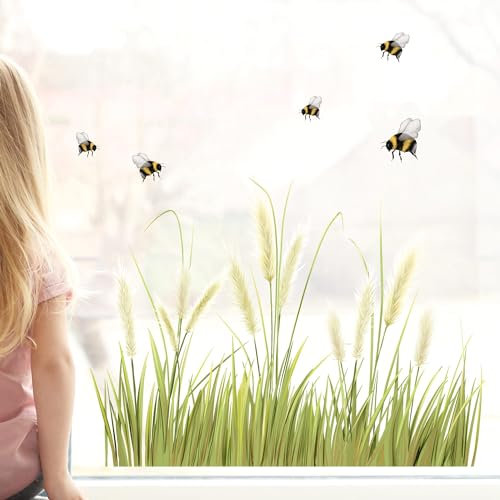 Wandtattoo Loft Fensterbilder Frühling mit Pampagras & Hummeln Oster Motiv – A2 Bogen, Wiederverwendbar – Frühlingsdeko Fenster, Frühlingsbild Fenster, Fensterdeko Frühling, Fensterfolie Frühling